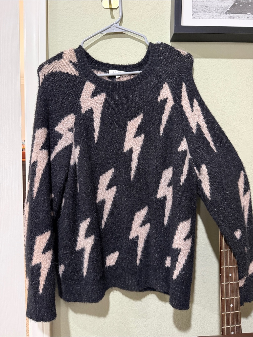 Z SUPPLY Lightning Bolt Fuzzy Knit Sweater Black Pink